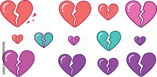 Colorful broken heart illustrations set expressing love, heartbreak, sadness, and emotional pain in playful cartoon style flat vector design