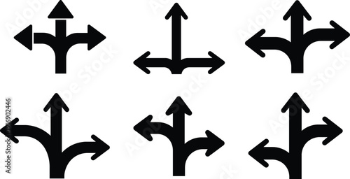 Six black arrow showing multiple directional choices and splits left