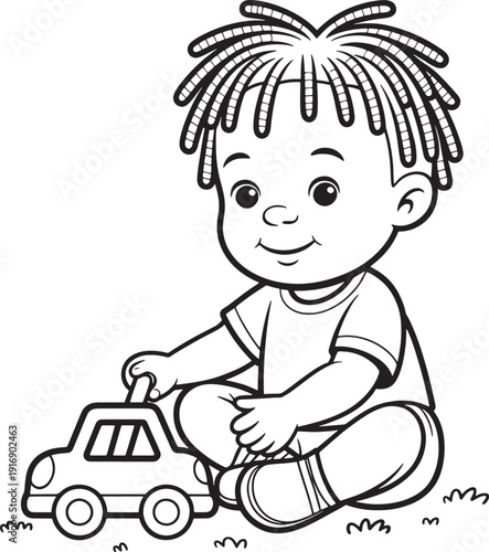 Young Boy with Dreadlocks Playing with Toy Car Coloring Book Page