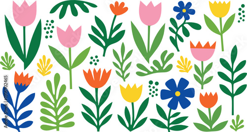 Colorful abstract floral elements vector illustration with hand drawn flowers, leaves, botanical shapes, modern flat design, Scandinavian folk style