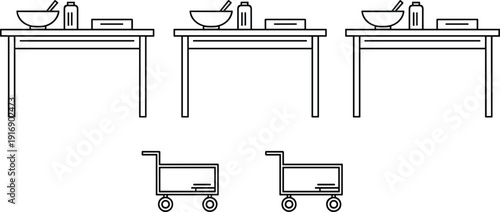 Office desk and shopping cart line icons set vector illustration collection