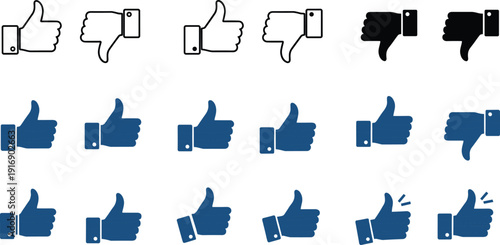 Blue thumbs up and down with and without speech bubbles thumbs down likes dislikes approval
