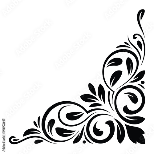 Elegant black floral corner design with swirling leaves and ornate details