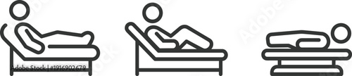 Three people lying on different types of beds in a row with a circular head symbol above each one