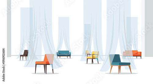 Diverse modern chairs and sofas are abstractly arranged amidst flowing translucent curtains in a spacious, bright, minimalist room environment.