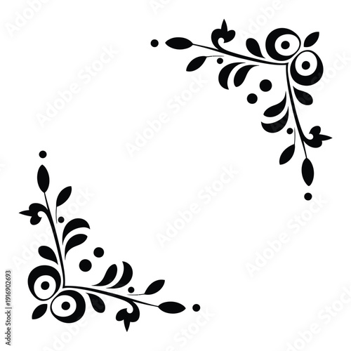 Elegant black floral corner design with swirling leaves and dots