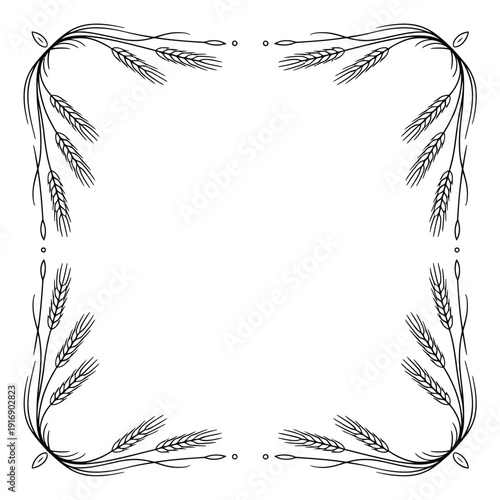 Wheat stalk wreath forming a square frame in black and white