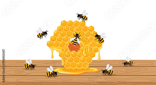 Several bees buzz around a large, golden honeycomb dripping with sweet honey onto a textured wooden surface.