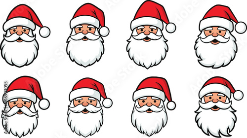 Cartoon santa claus faces in various expressions red hat