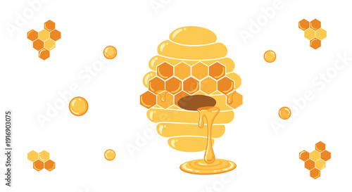 A stylized beehive shaped like a honeycomb drips golden honey, surrounded by individual honeycomb cells and droplets on a white background.
