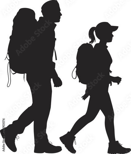 Two silhouetted hikers with backpacks walking outdoors silhouettes