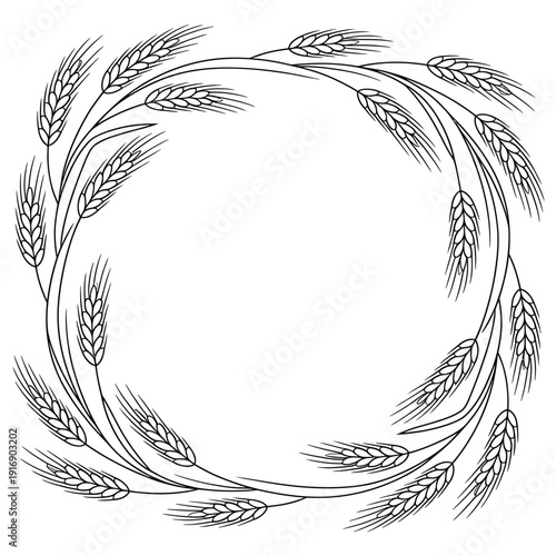 A circular wreath composed of detailed wheat stalks in black and white