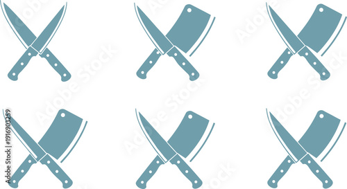Crossed kitchen knives and cleavers in teal on white background