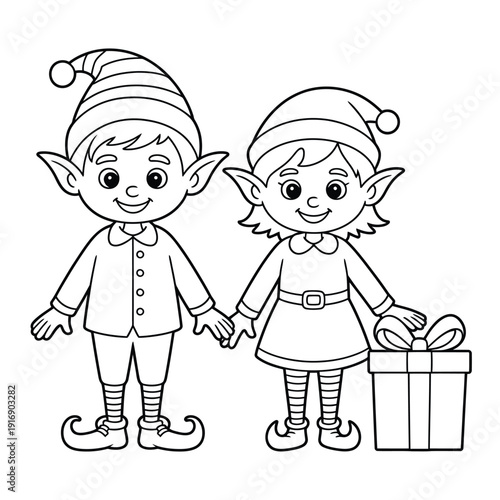 Two cheerful elves stand with a gift a coloring page illustration