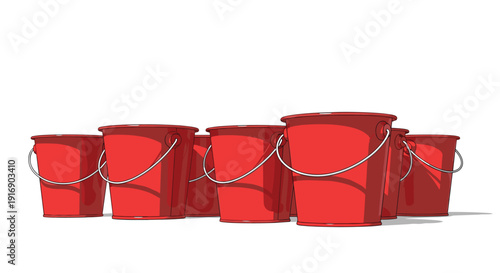 A group of various sized shiny red plastic buckets with metal handles stands clustered together on a plain white background.