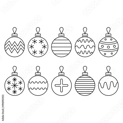 A collection of black and white linear christmas ornaments arranged in rows