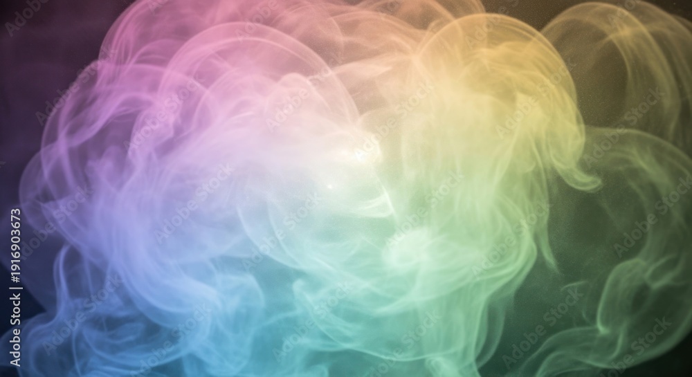 Obraz premium Abstract multicolor smoke swirls in pastel aqua, magenta and golden tones on a dark background with soft bokeh haze, smooth vapor texture and copy space for design