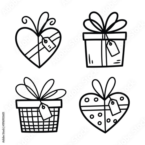 Four black and white line art illustrations of gift boxes and hearts