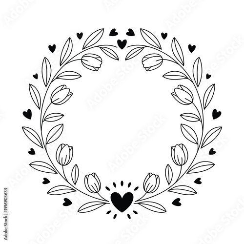 A delicate black and white floral wreath with tulips and heart accents