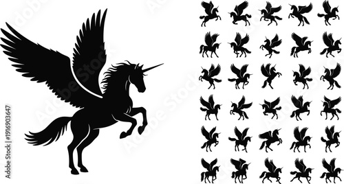 Majestic winged unicorn silhouette, rearing pegasus mythical horse vector illustration with multiple icon variations for fantasy design projects