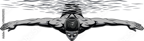 Grayscale of a muscular man swimming underwater