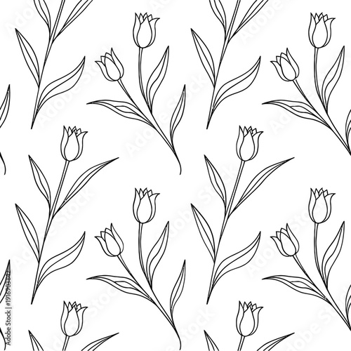 Delicate black and white floral pattern featuring stylized tulip blossoms