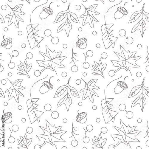 Seamless pattern featuring sketched acorns leaves and small berries