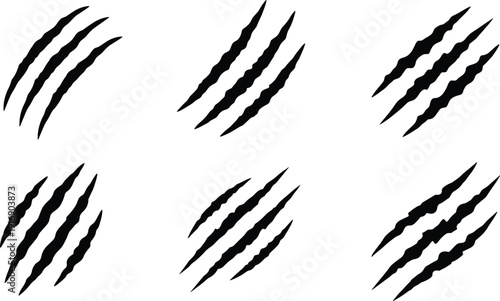 Solid silhouette vector animal claw marks, black jagged scratch rips for wild beast, monster, or predator attack graphic design.