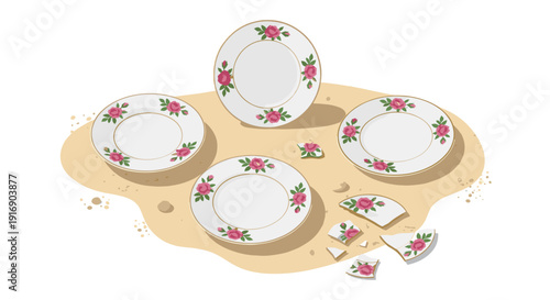 Four white porcelain plates with pink rose patterns, some broken into pieces, are resting on a sandy textured ground.