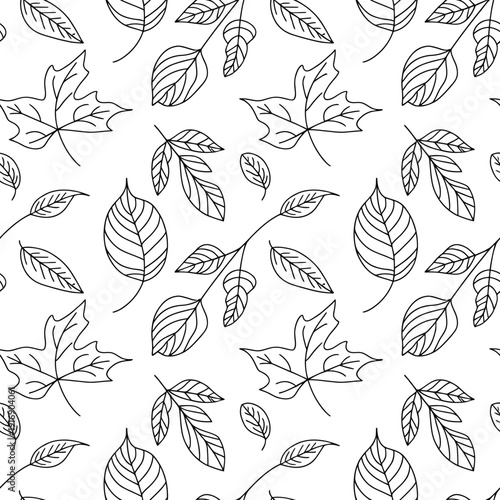 Seamless pattern of hand drawn leaves in black and white style