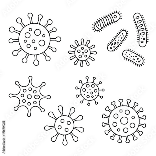 Line drawing depicts various virus and bacteria cell structures