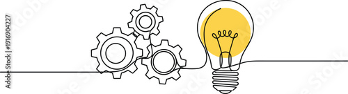 Solid silhouette vector continuous line drawing gears and light bulb, mechanical engineering and creative idea concept for innovation and technology design.