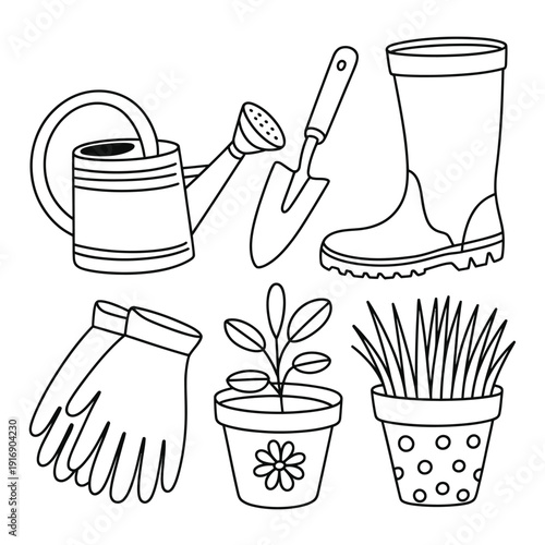 Gardening tools and plants a black and white illustration set