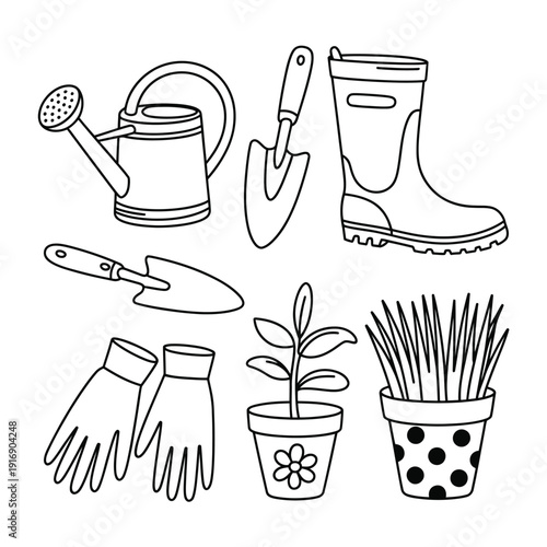 Gardening tools and plants in a simple black and white sketch