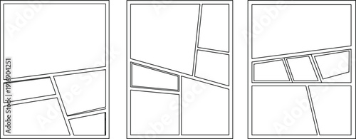 Solid silhouette vector comic book page templates, empty panels and borders for creative storytelling, manga layout, and graphic novel design.