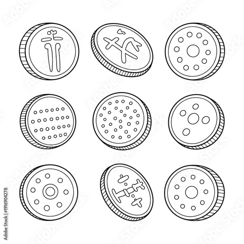 Nine sketched coins with varying designs presented in a grid layout