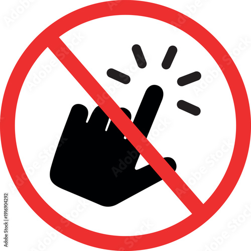 No clicking icon prohibition sign with a hand pointing and a red circle with a diagonal line symbol for forbidden action or restriction