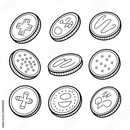 Nine sketched coins with varying designs arranged in a grid pattern