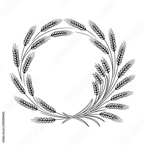 A monochrome circular wreath composed of detailed wheat stalks and grains