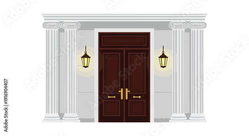 A classical architectural facade displays a dark brown double door flanked by white columns and illuminated by two hanging lanterns.