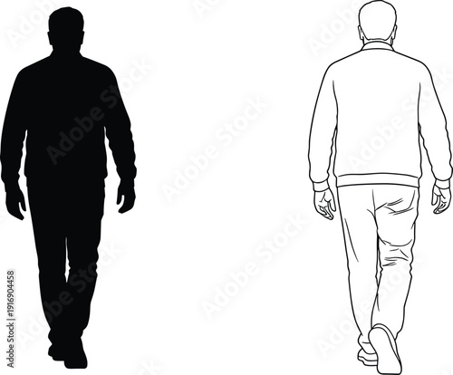 Solid silhouette vector man walking away, black figure and line art outline, casual male pedestrian for human movement design.