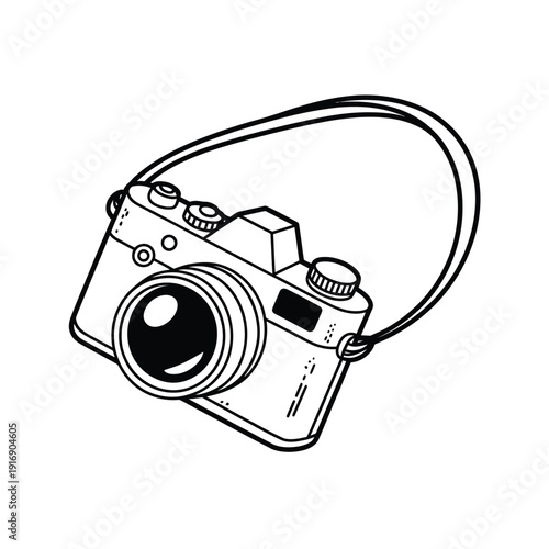 Simple black and white line drawing of a vintage camera with strap