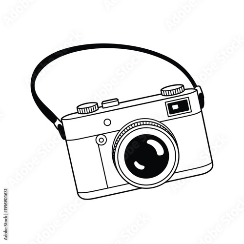 A vintage camera illustration with a neck strap black and white style