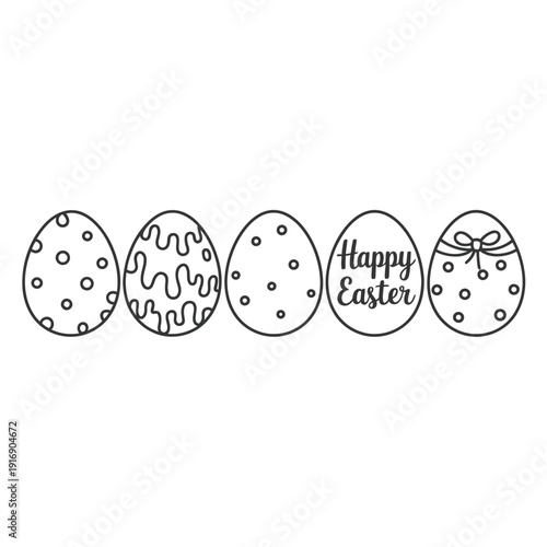 Line art illustration of five decorated easter eggs with text