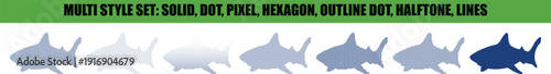 Shark Set in Various Designs with solid, dot, pixel, hexagon, outline dot, halftone, and lines effects