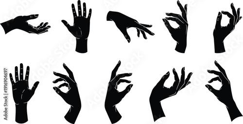 Black silhouettes of human hands displaying various gestures, communication signs, pointing, waving, okay sign, vector illustration for creative design projects