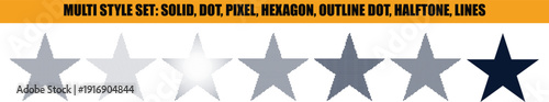 Multi Style Star Set in Various Designs with solid, dot, pixel, hexagon, outline dot, halftone, and lines effects