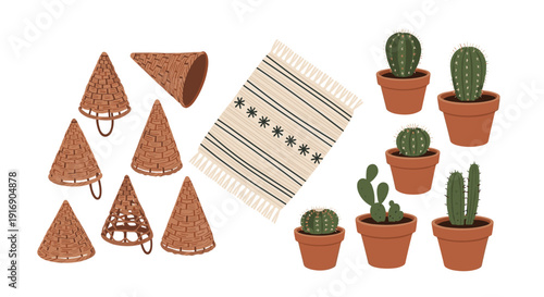 A group of woven conical baskets, a striped rug, and various potted cacti are arranged on a white background.