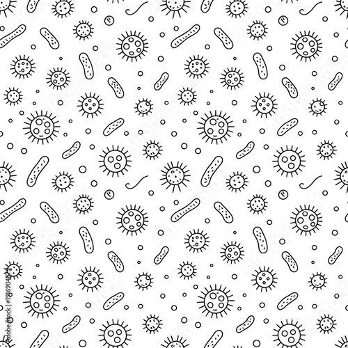 Seamless pattern of various bacteria and virus shapes in black and white