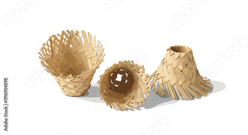Three conical woven straw baskets or hats, two upright and one inverted, are arranged on a white background.